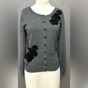 Debbie Morgan Grey Black Embellished Cardigan Long Sleeve Sweater Size Small